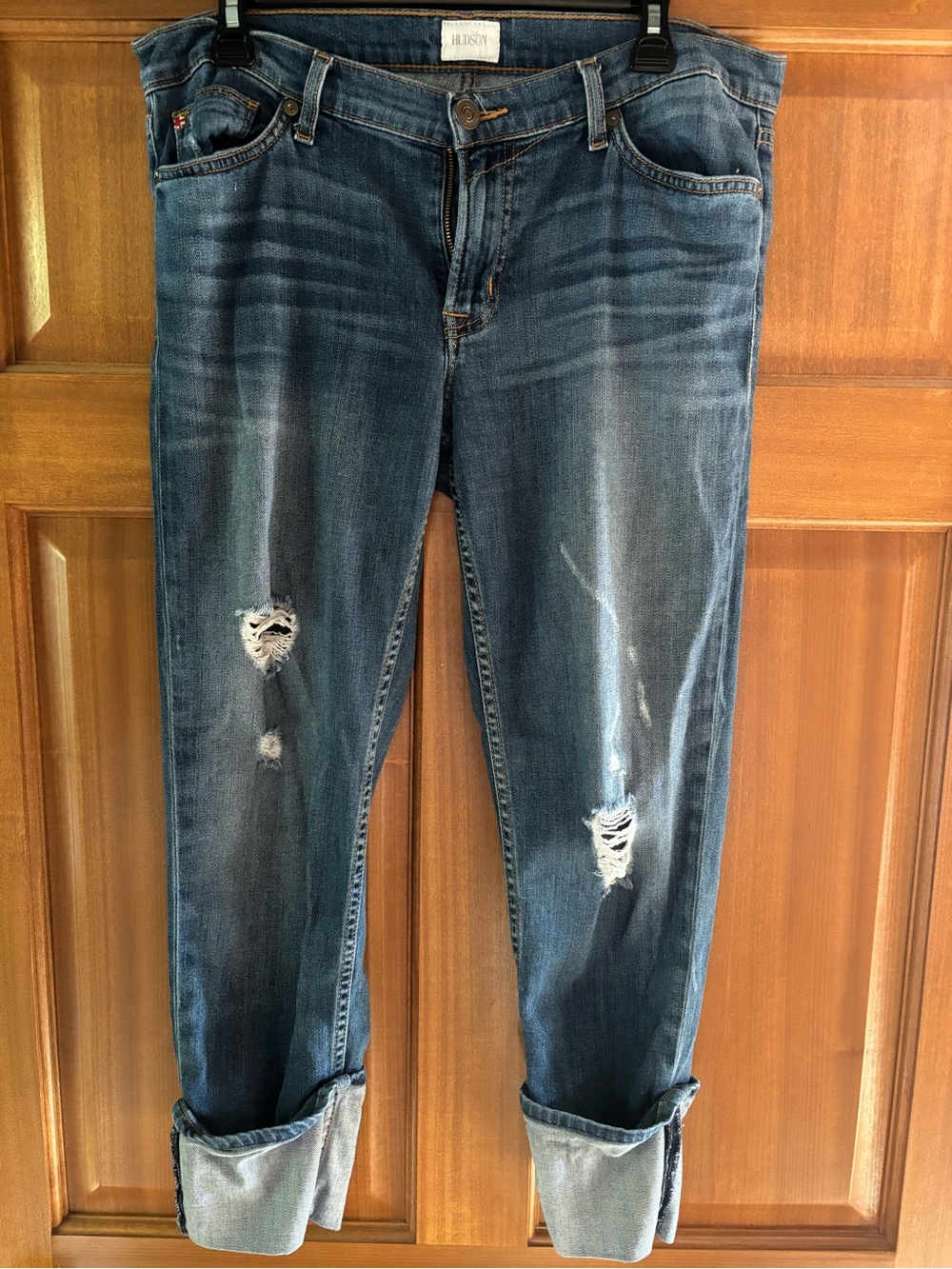 Hudson Jeans Mid-Rise Distressed Boyfriend Jeans - Blue